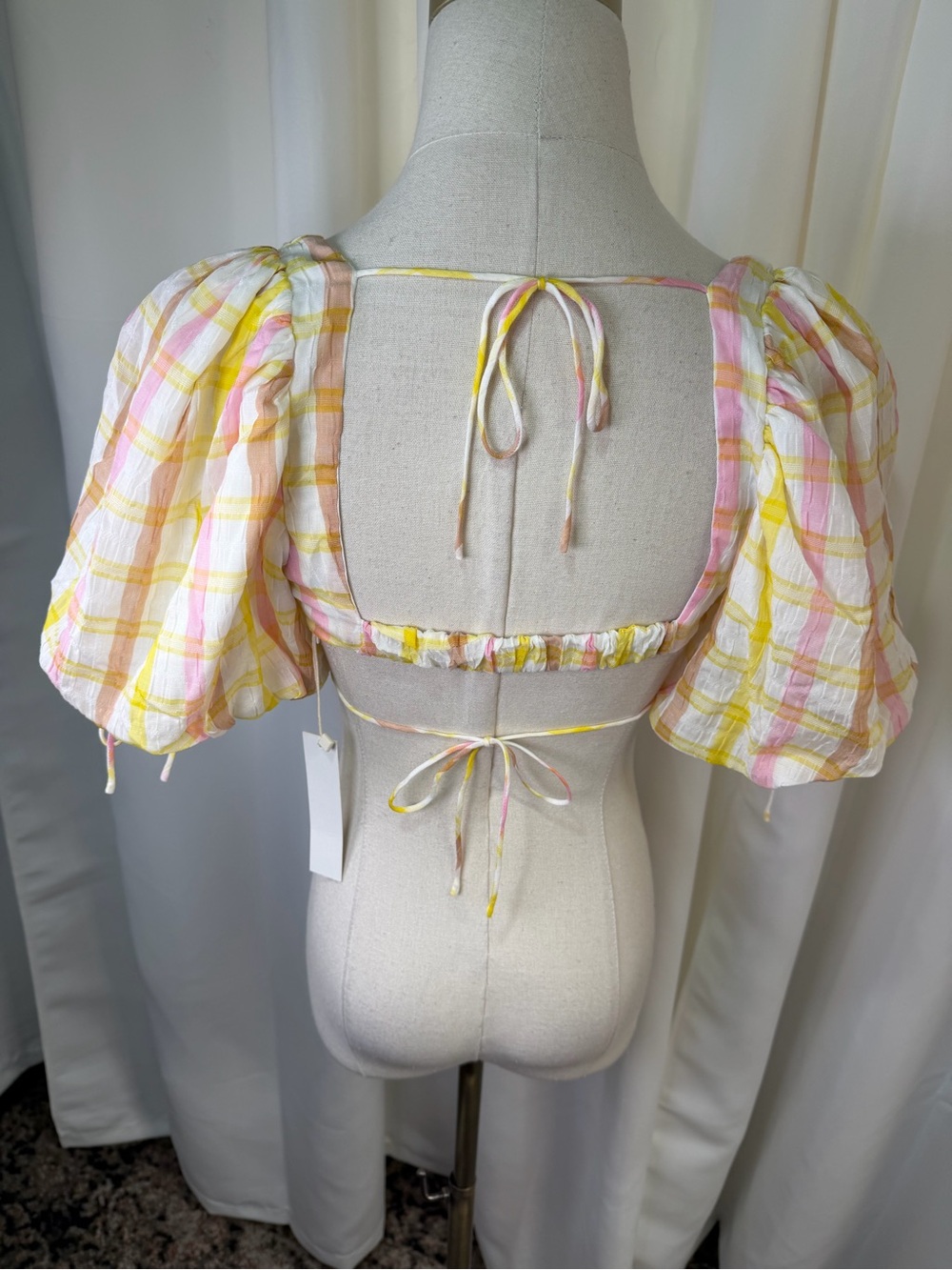 NWT For Love & Lemons ‘Rue’ Puff Sleeve Crop Top in Yellow & White Plaid Size S - Picture 10 of 16